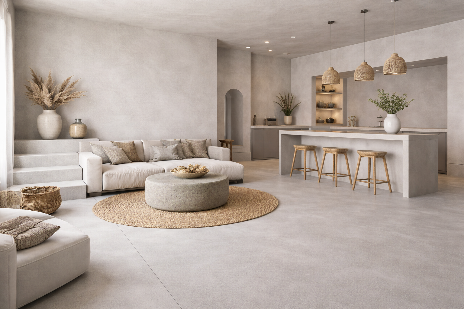 Una piscina dall'aspetto naturale con bordi color sabbia, gradini e rocce, circondata da erba e arbusti.