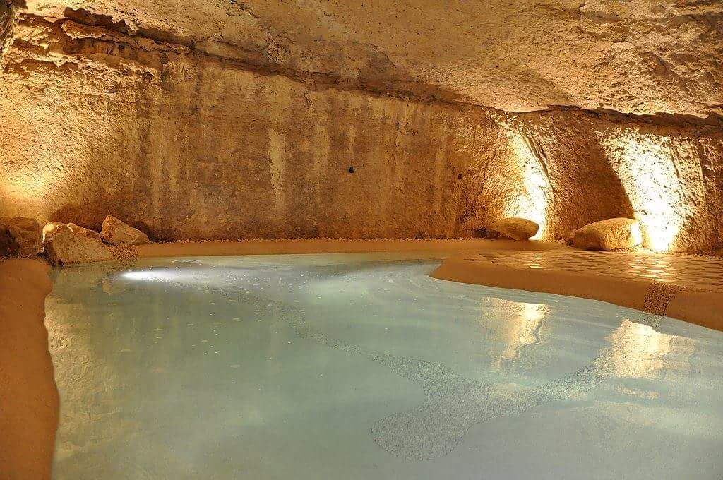 Una piscina dall'aspetto naturale con bordi color sabbia, gradini e rocce, circondata da erba e arbusti.