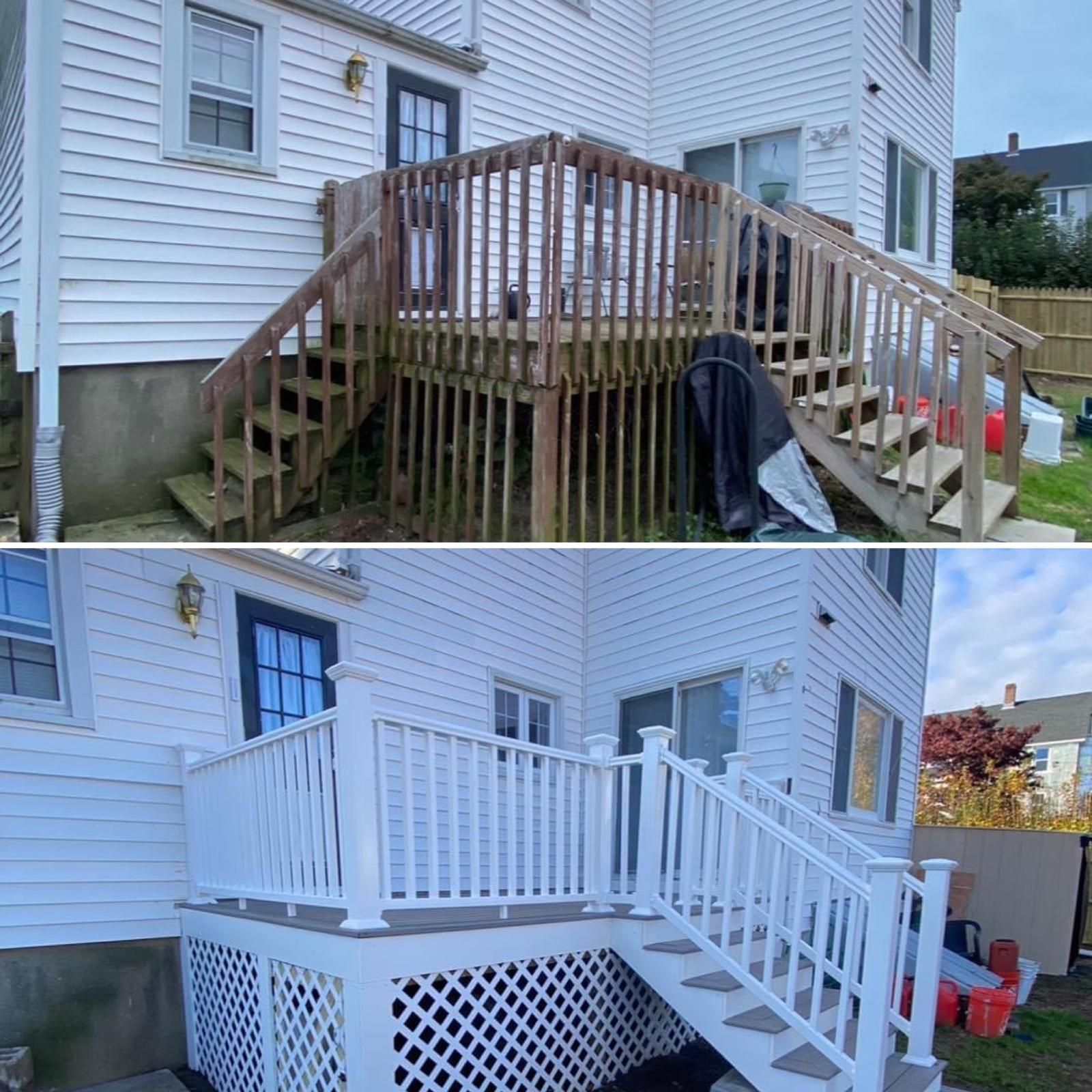 A wooden deck with a table and chairs on it.