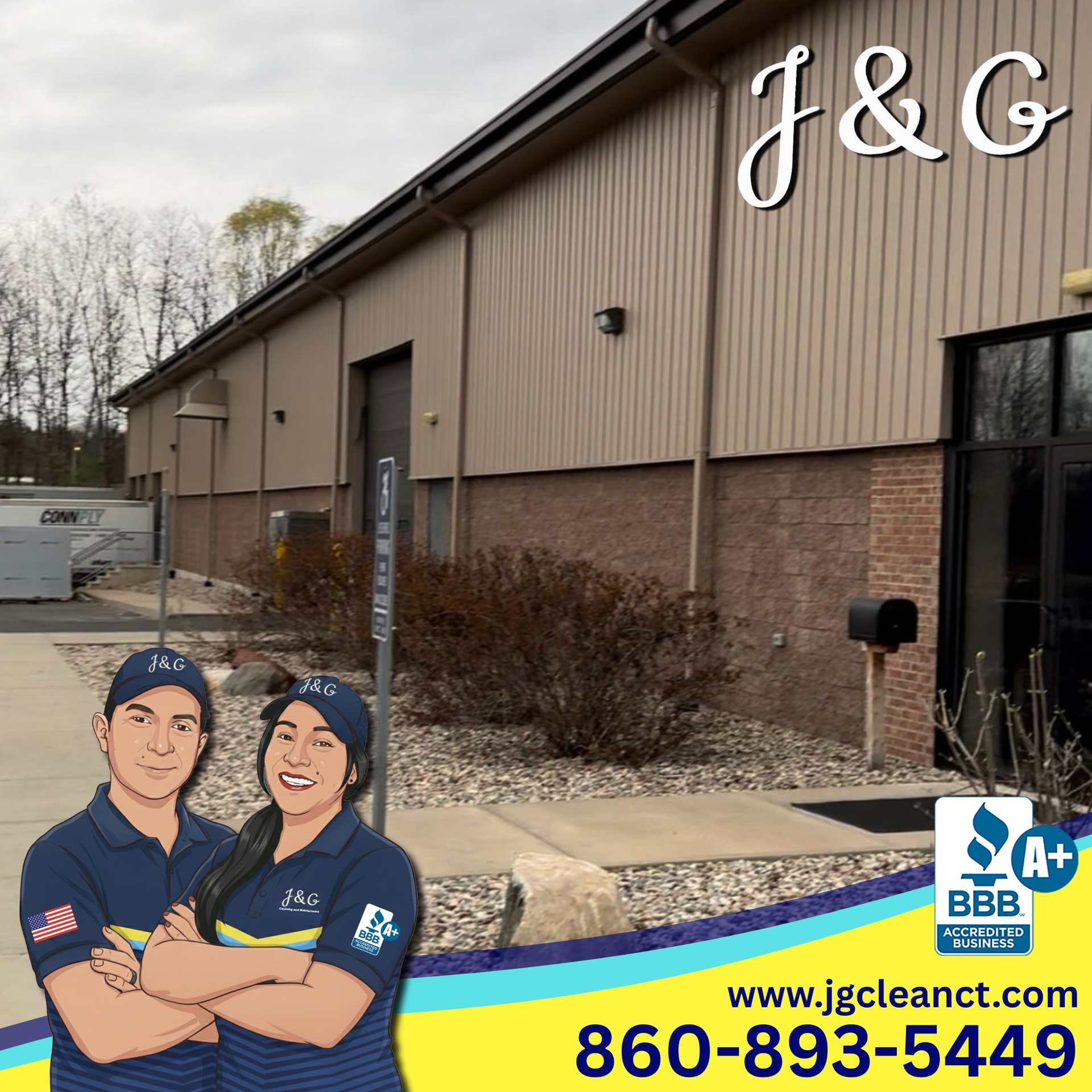 Commercial building in New Britain, CT with professionally cleaned gutters to improve drainage and protect the property