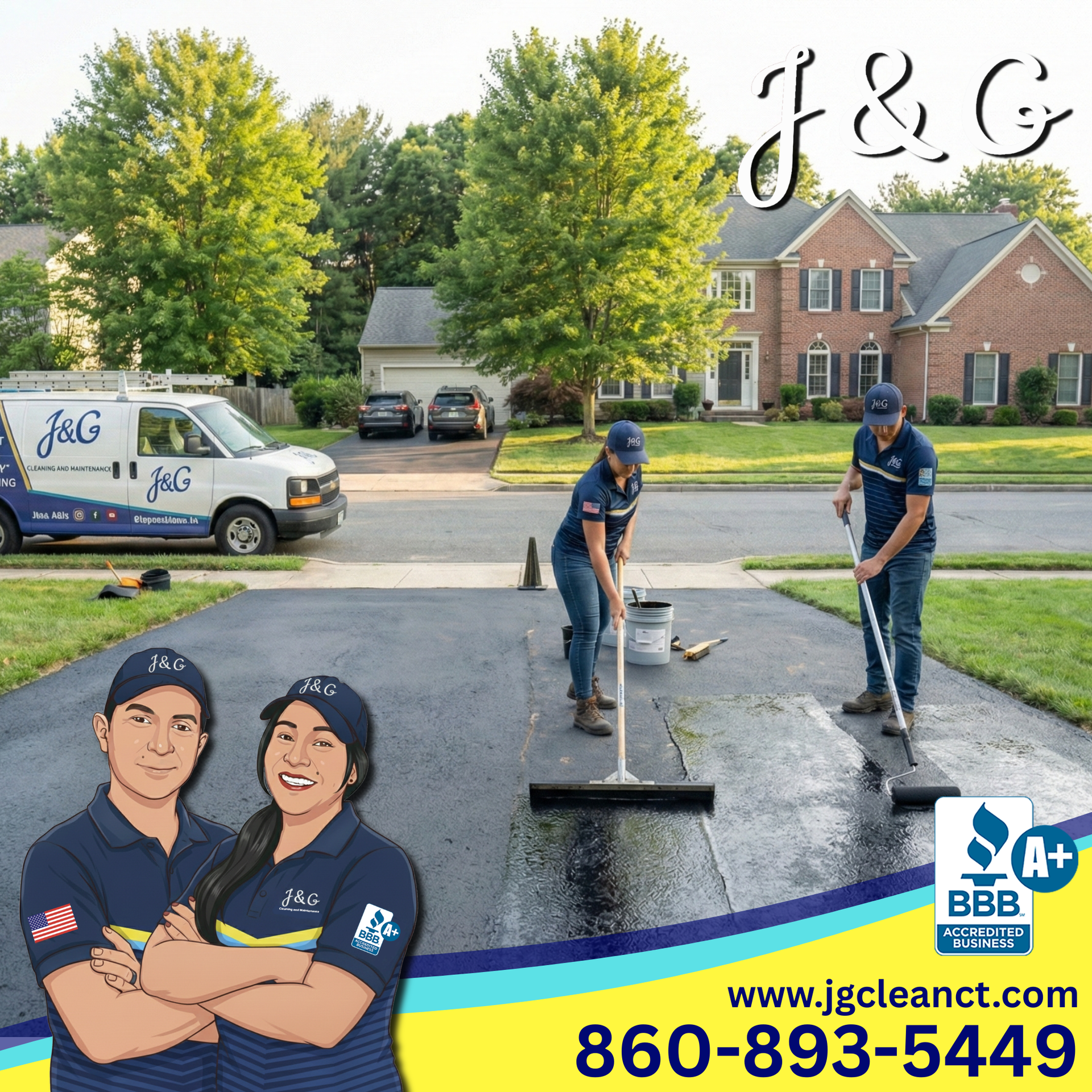 Before and after driveway sealcoating in Bristol CT showing restored black asphalt finish