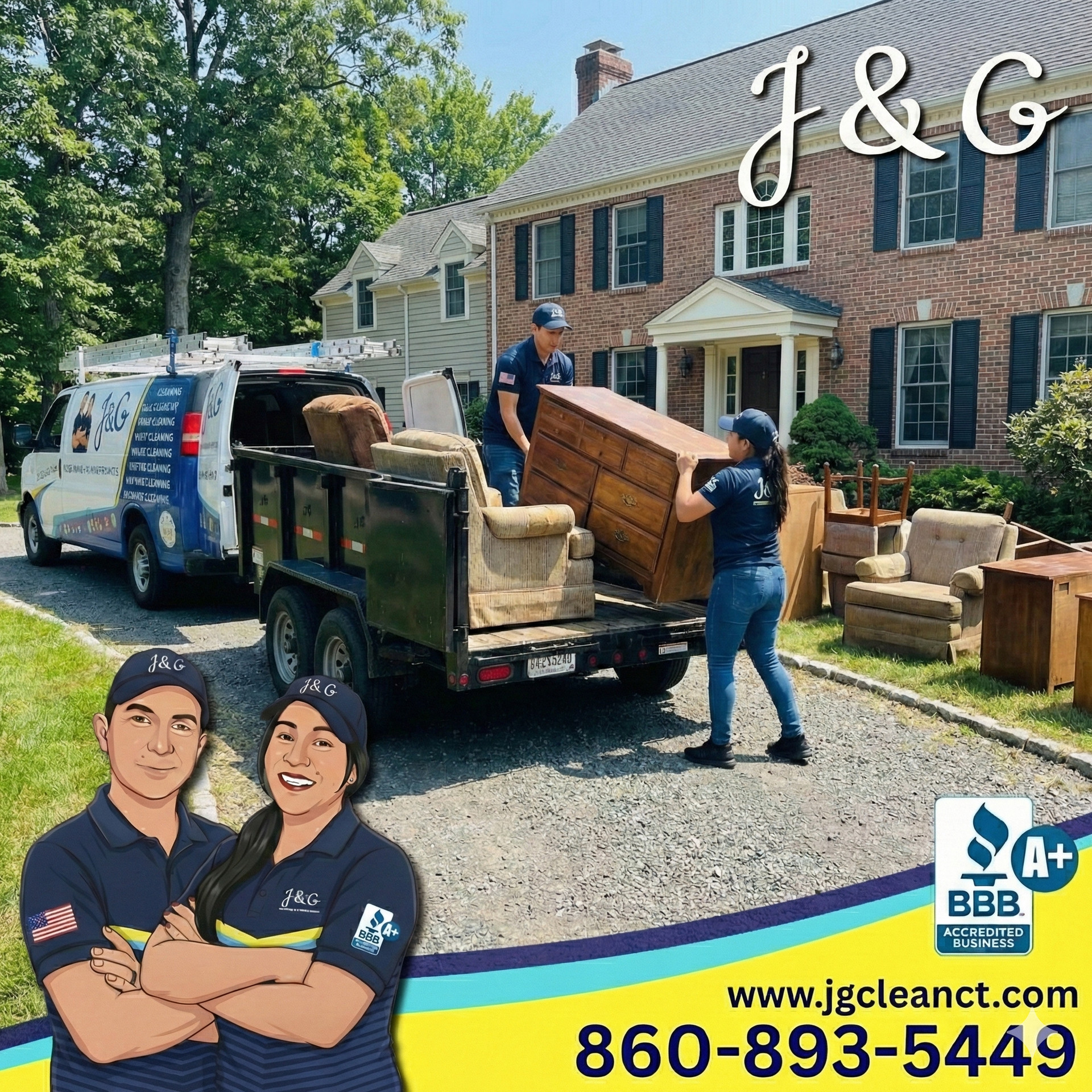 Basement cleanout service van being loaded after job completion in West Hartford CT by J & G Cleaning