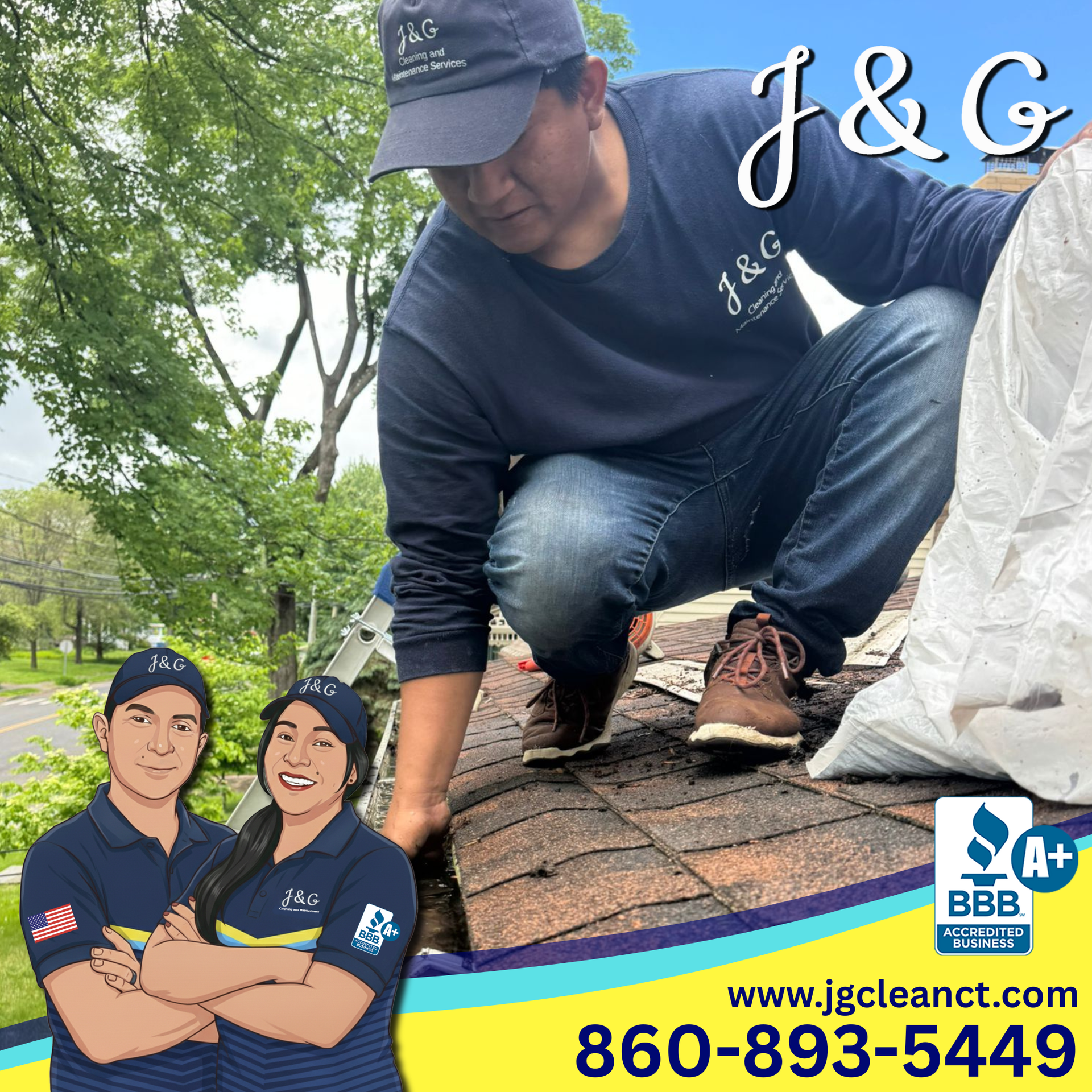 Professional gutter cleaning service in New Britain CT removing leaves and debris from residential gutters