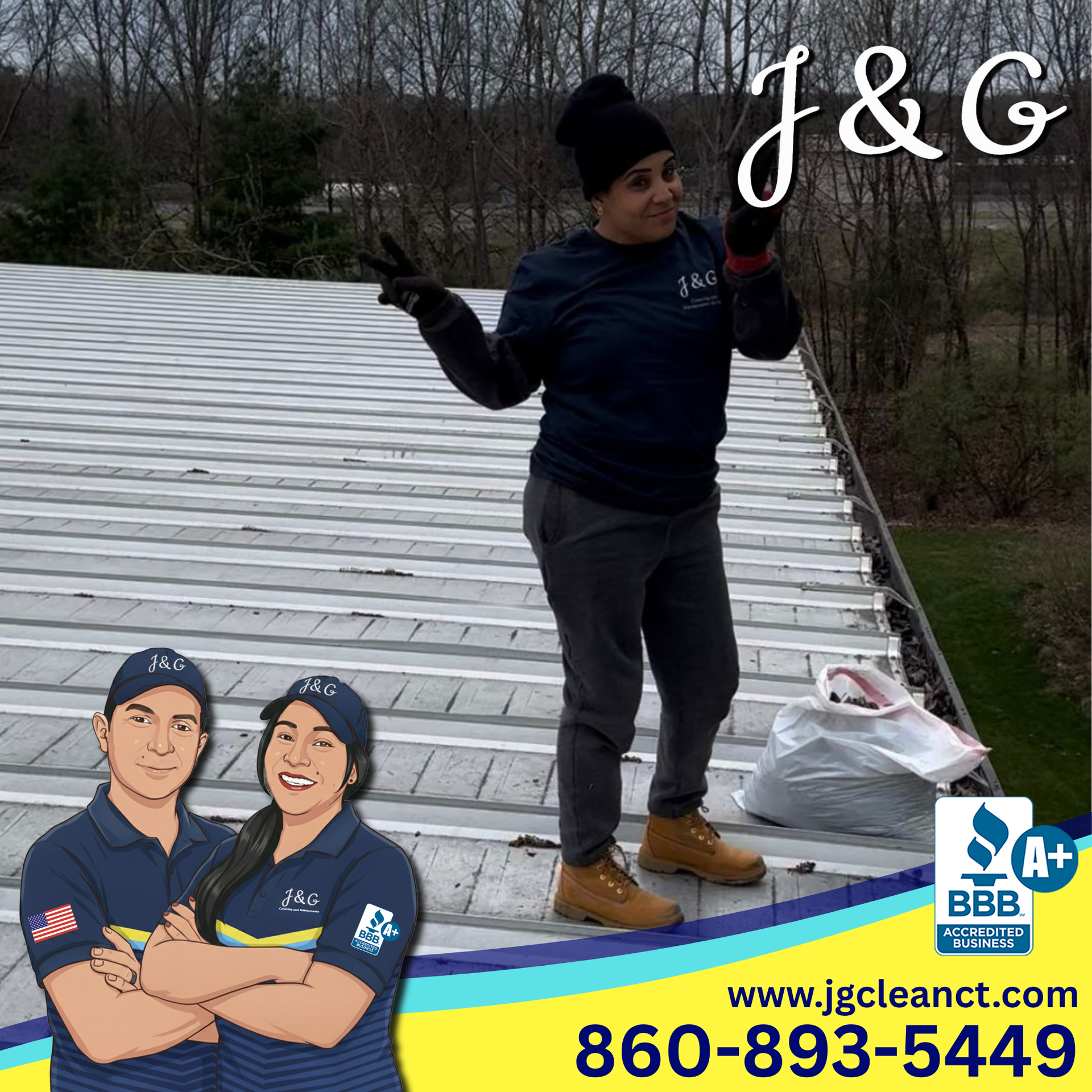 Giselle from J & G Cleaning after completing a commercial gutter cleaning job in New Britain, CT