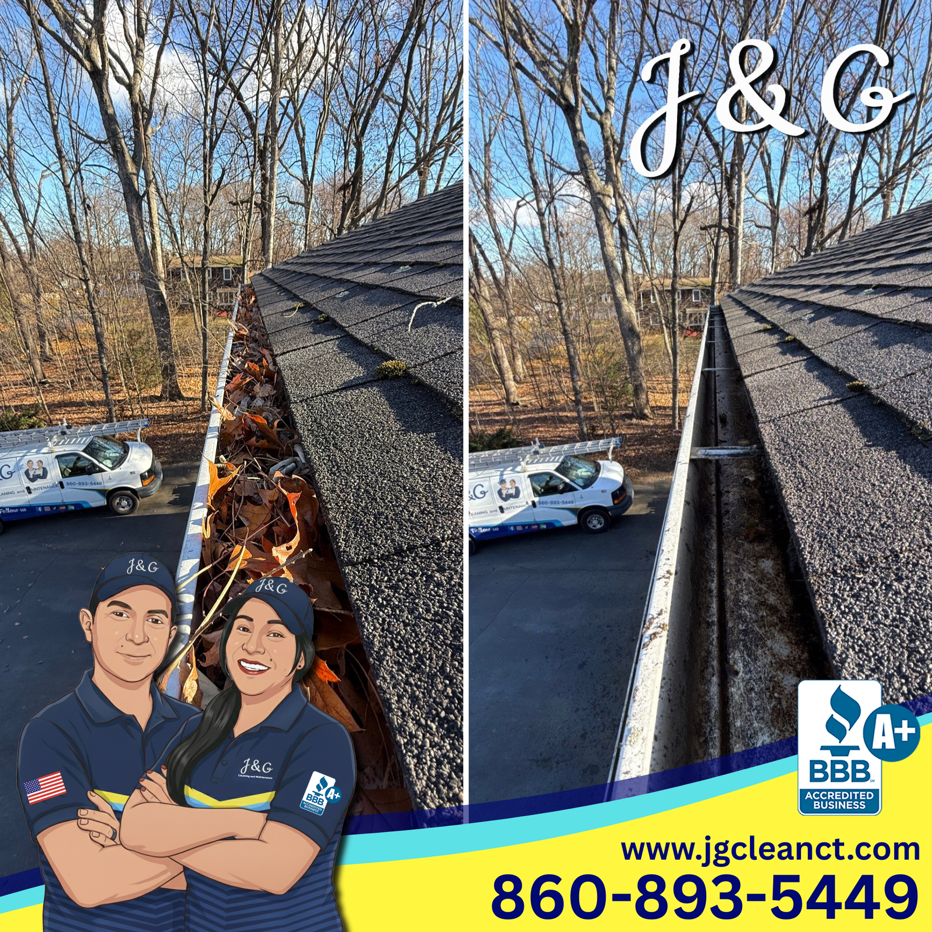 Before and after gutter cleaning results in Plainville CT showing fully cleared gutters
