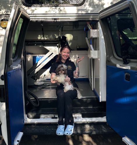 Ottillie holding her Shih Tzu Roman on the steps of Roman’s Empire’s mobile grooming van in Folsom, CA.