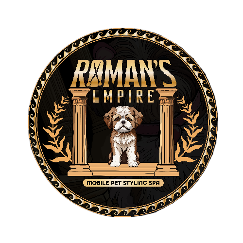 Roman’s Empire Grooming logo featuring Shih Tzu, grooming tools, and Roman pillars inside a gold laurel wreath.