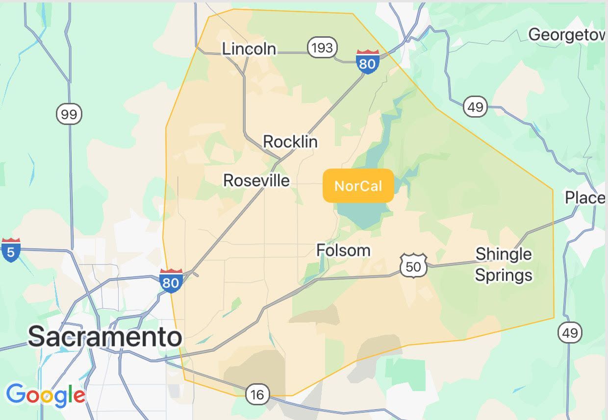 Map showing Roman’s Empire Grooming’s service areas in Folsom, El Dorado Hills, and greater Sacramento suburbs.