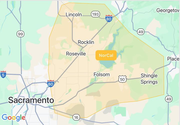 Map showing Roman’s Empire Grooming’s service areas in Folsom, El Dorado Hills, and greater Sacramento suburbs.