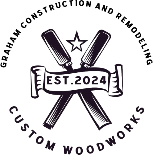 Logo for Graham Construction and Remodeling: Crossed chisels, banner "EST. 2024", star, circular text.
