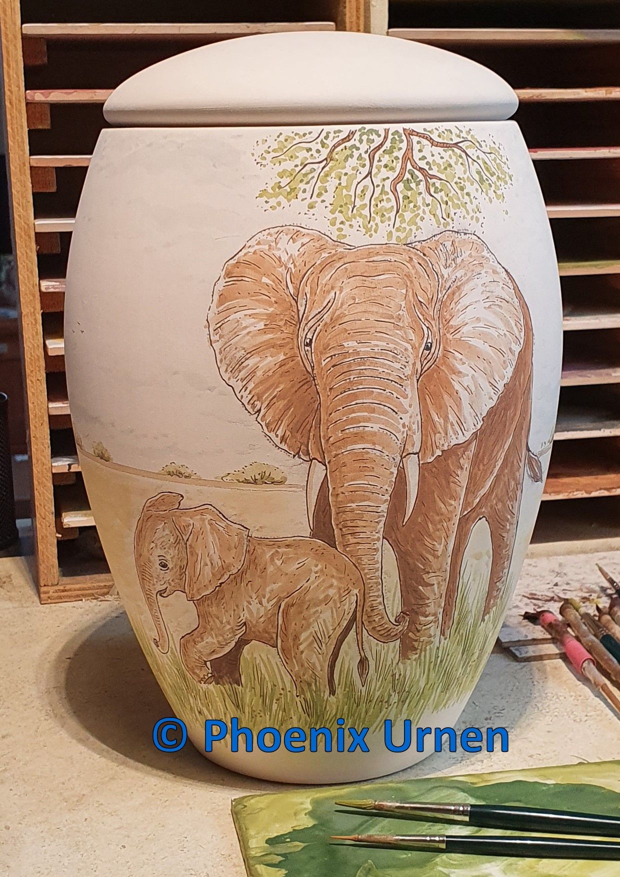 schilderproces urn Olifant met jong