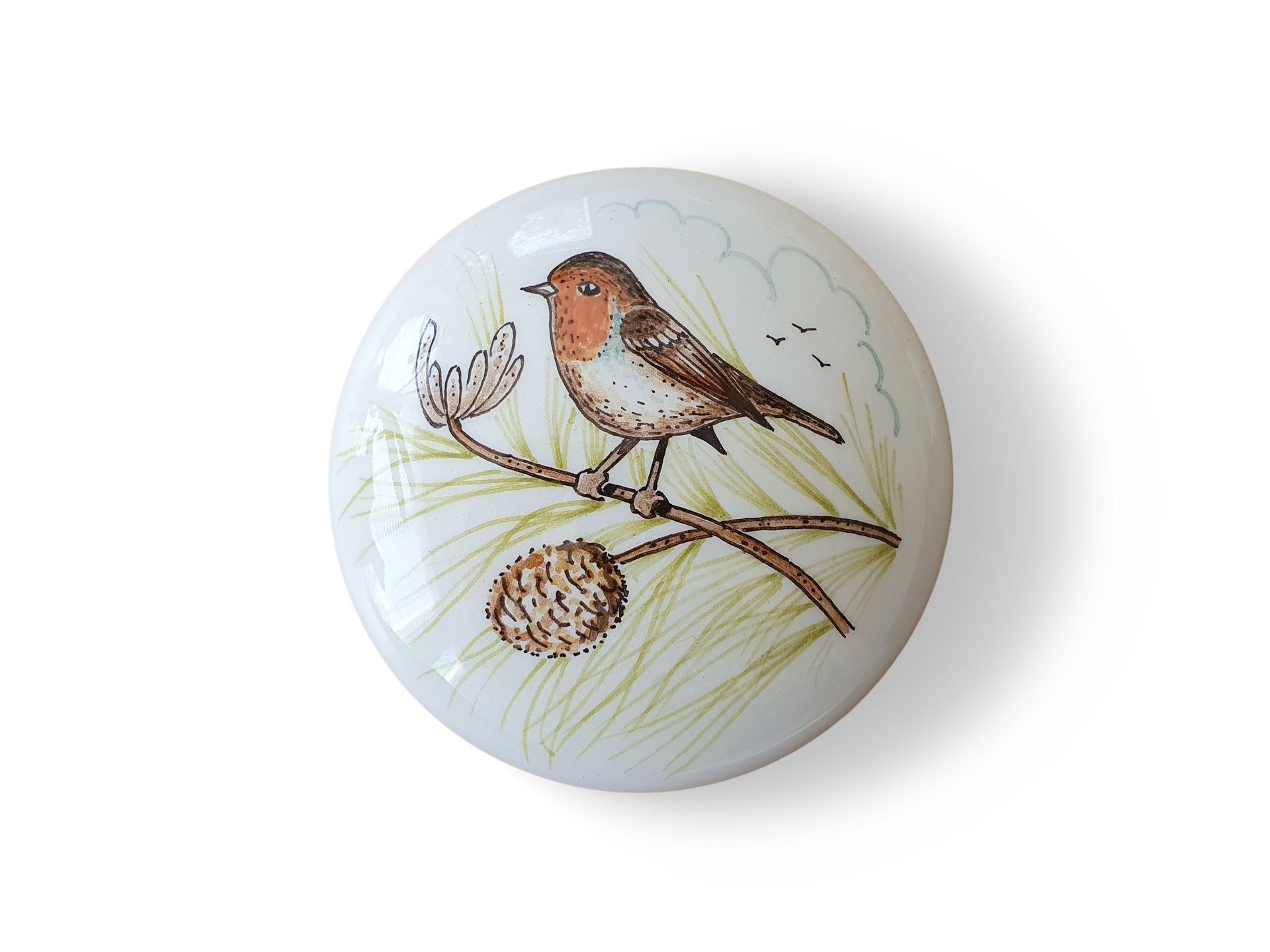 mini urnschaal roodborstje op dennentak