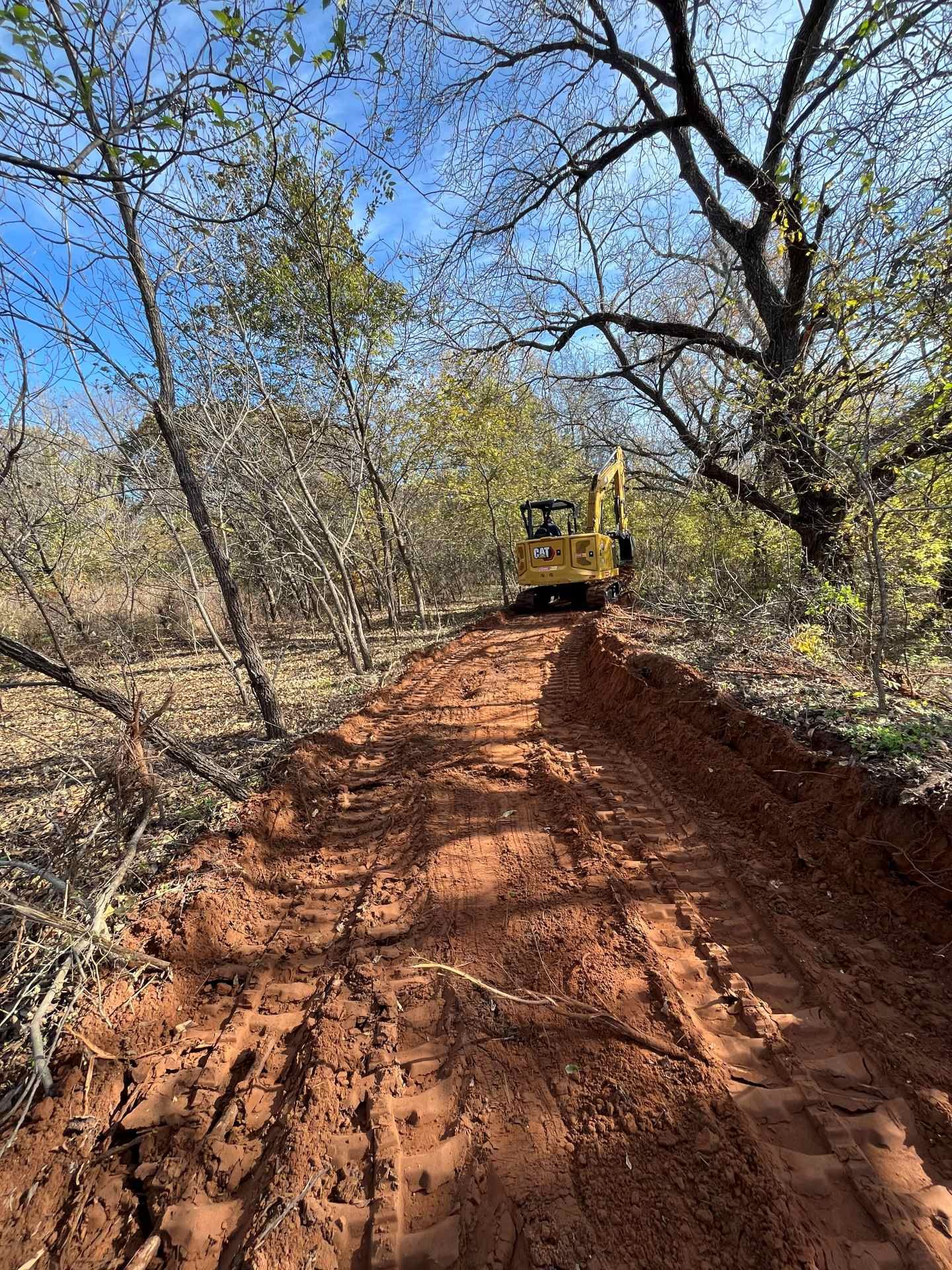 A yellow excavator sits in a cleared dirt path through a wooded area under a blue sky.