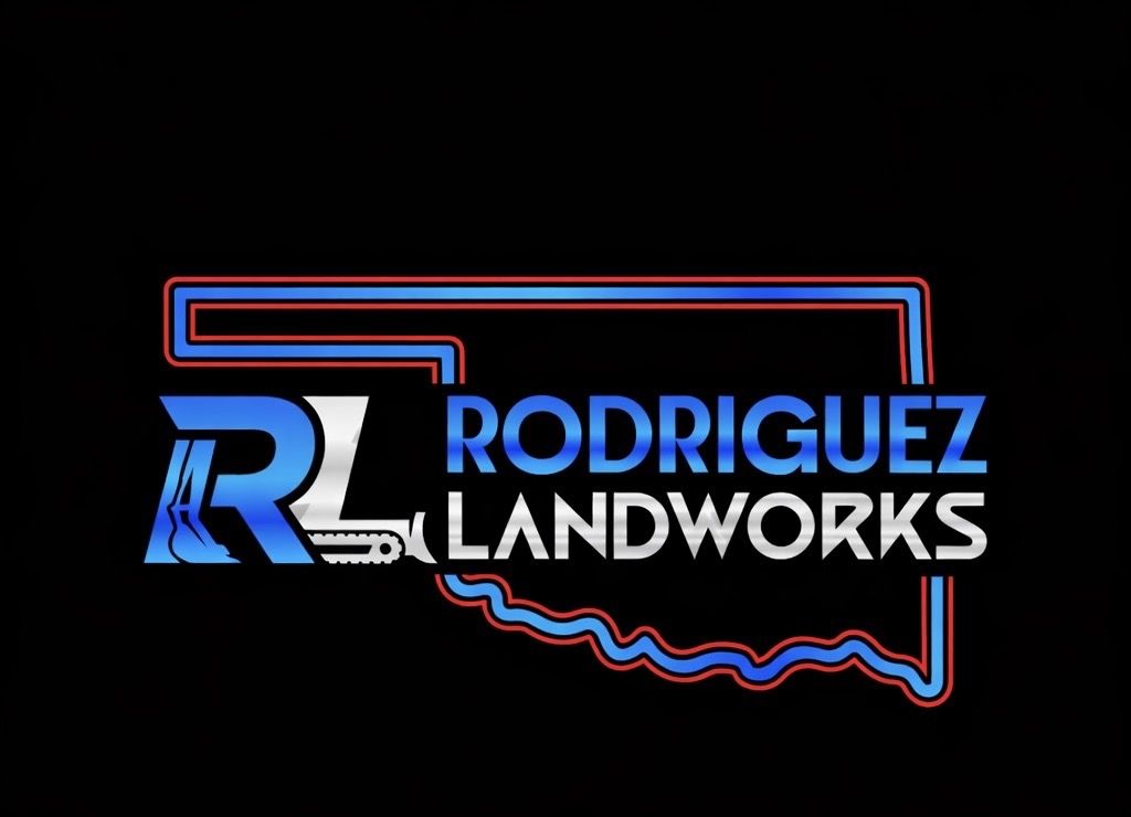 Logo for Rodriguez Landworks featuring a blue outline of Oklahoma and stylized "RL" text with machinery tracks.