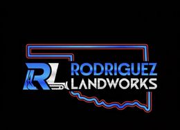 Logo for Rodriguez Landworks featuring a blue outline of Oklahoma and stylized "RL" text with machinery tracks.