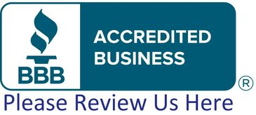 A blue sign that says accredited business please review us here