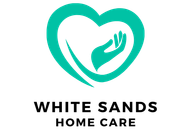 The logo for white sands home care shows a heart with two hands inside of it.