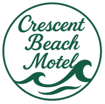 Green logo for Crescent Beach Motel with stylized waves and text.