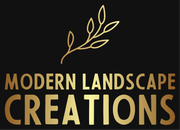 A logo for modern landscape creations with a branch on a black background