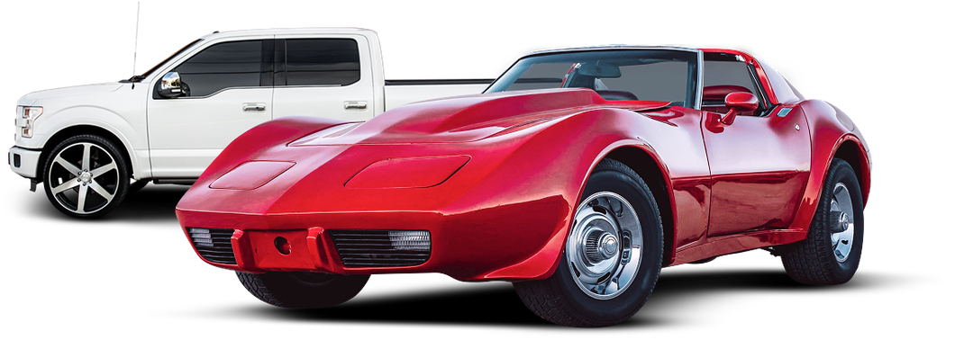 A red classic sports car and a white pickup truck on a white background. | Do Good Automotive