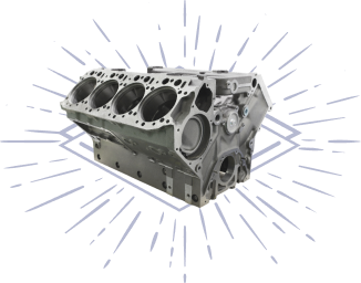 Engine block with cylinder bores, displayed with a light burst graphic. | Do Good Automotive