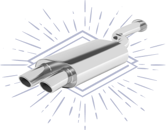 Shiny dual-outlet car exhaust muffler with a stylized sunburst design. | Do Good Automotive