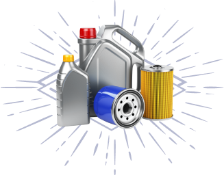 Oil containers and filters against a starburst design, representing automotive maintenance. | Do Good Automotive