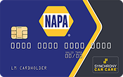 NAPA credit card: blue and yellow design with a NAPA logo and the Synchrony Car Care logo. | Do Good Automotive