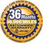NAPA Auto Care warranty logo: 36 months/36,000 miles, nationwide. Yellow/blue circular badge. | Do Good Automotive