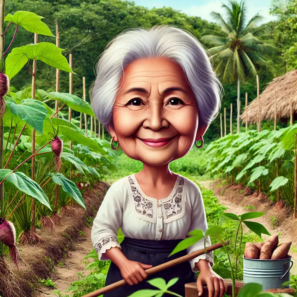 Una caricatura de una anciana sosteniendo un palo en un jardín.