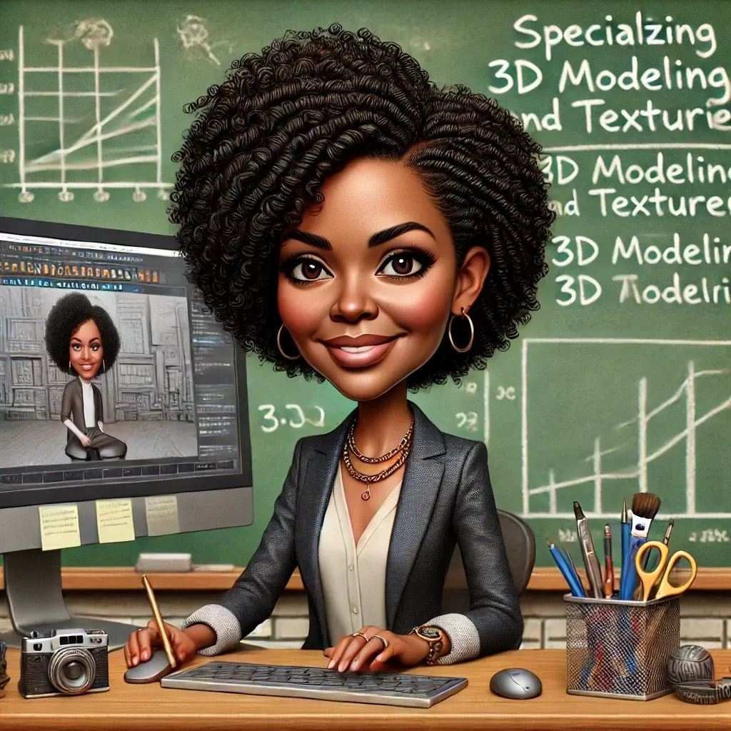 Una caricatura de una mujer sentada en un escritorio frente a una pizarra que dice especialización en modelado 3D y texturas.