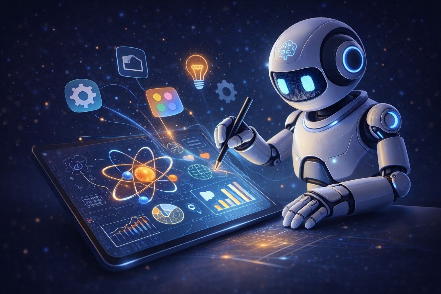A white robot uses a stylus on a digital tablet displaying scientific icons, charts, and data against a dark blue background.