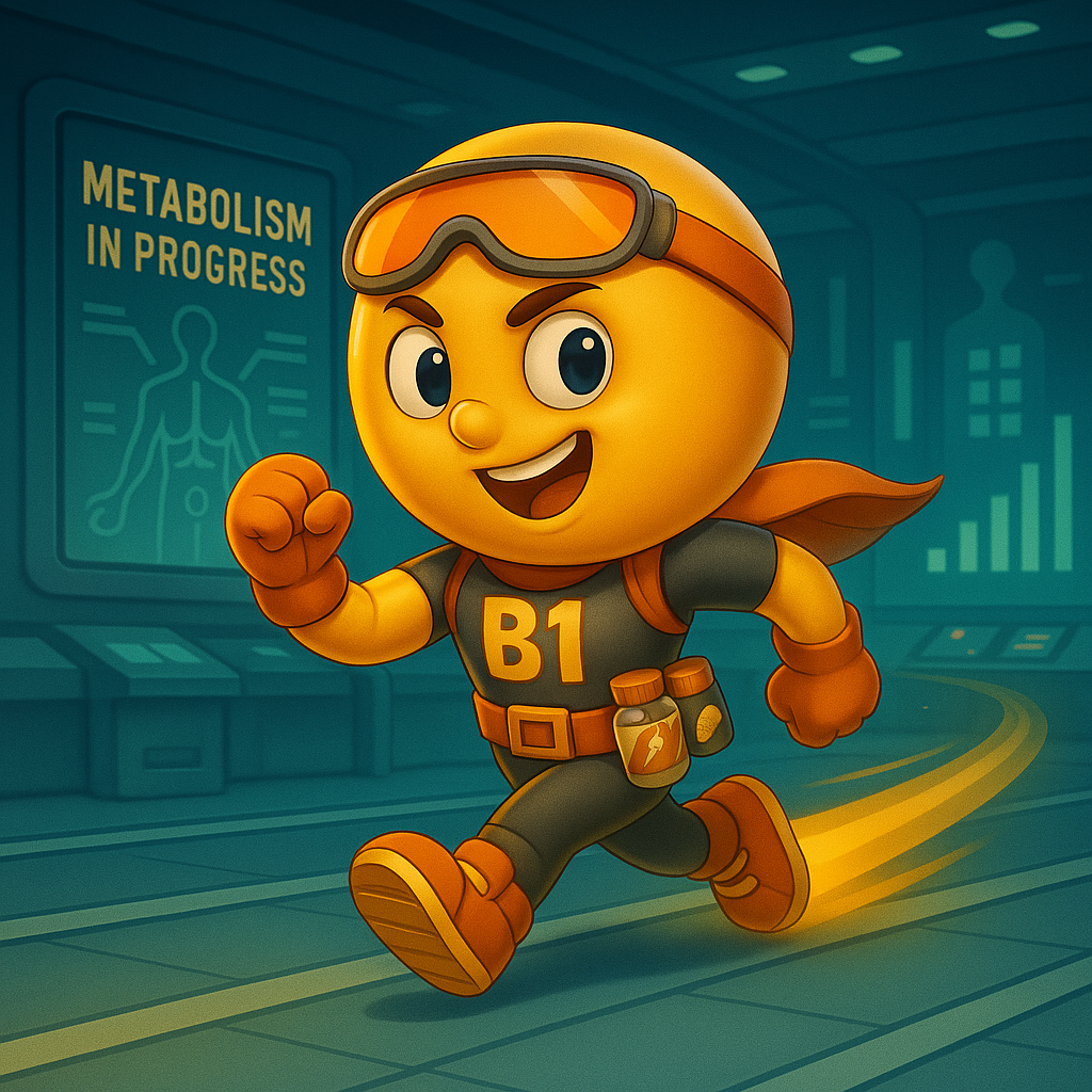 Un personaje de dibujos animados corre frente a un cartel que dice metabolismo en progreso.