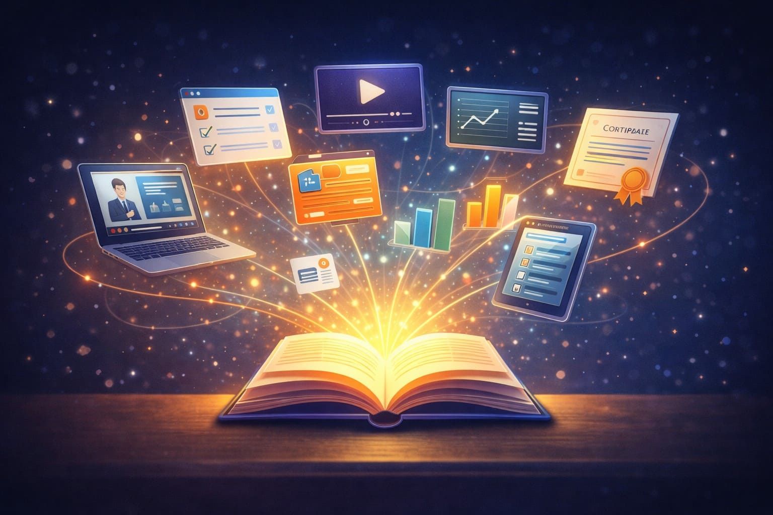 An open book on a wooden table emits glowing digital icons, including charts, screens, and documents, against a dark sky.