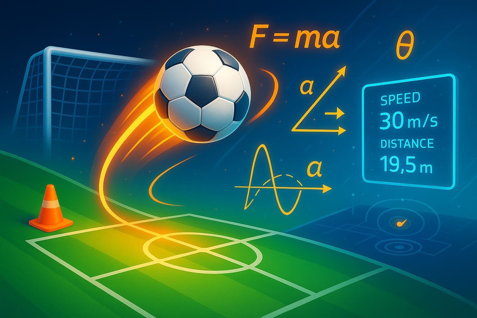 Un balón de fútbol en llamas vuela sobre un campo de juego, rodeado de ecuaciones físicas, un diagrama de ángulos y datos sobre velocidad y distancia.