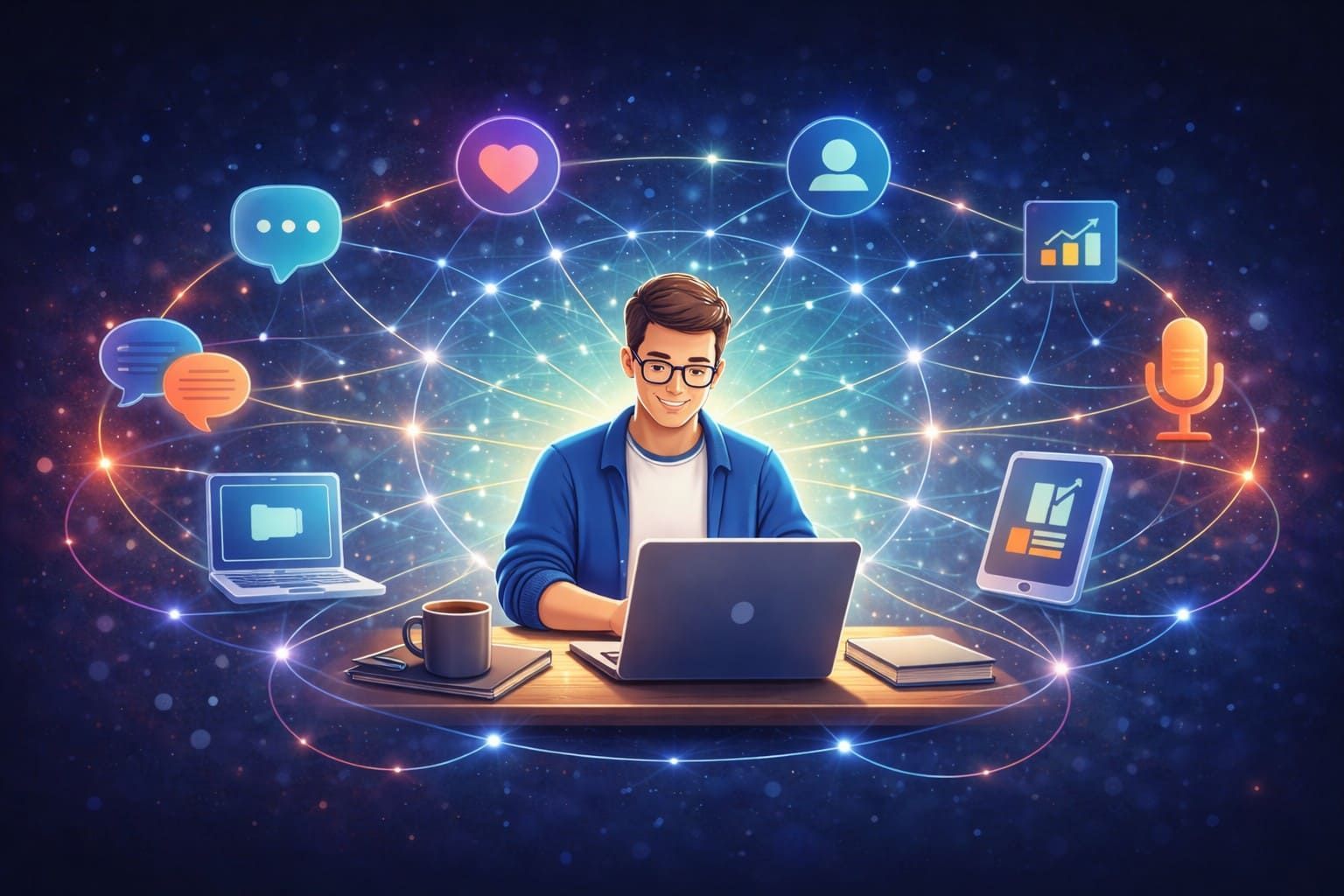 A person sits at a desk working on a laptop, surrounded by glowing digital network icons against a dark blue background.