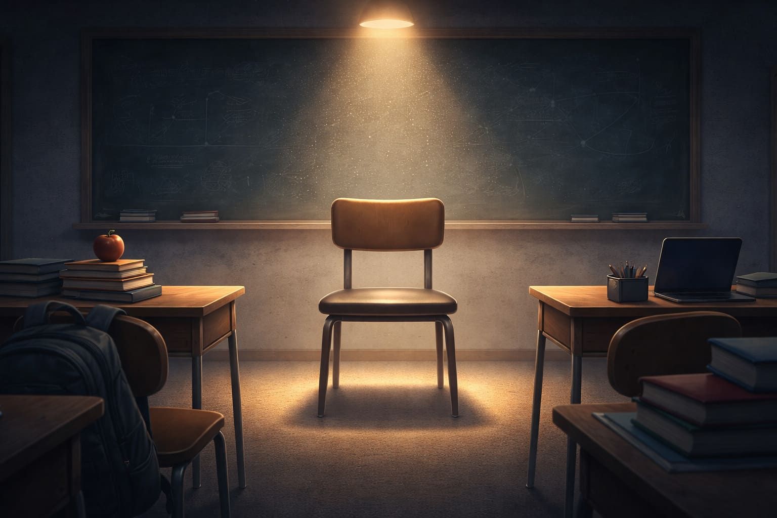 Una única silla vacía se encuentra iluminada por un foco frente a la pizarra de un aula, flanqueada por pupitres con libros.