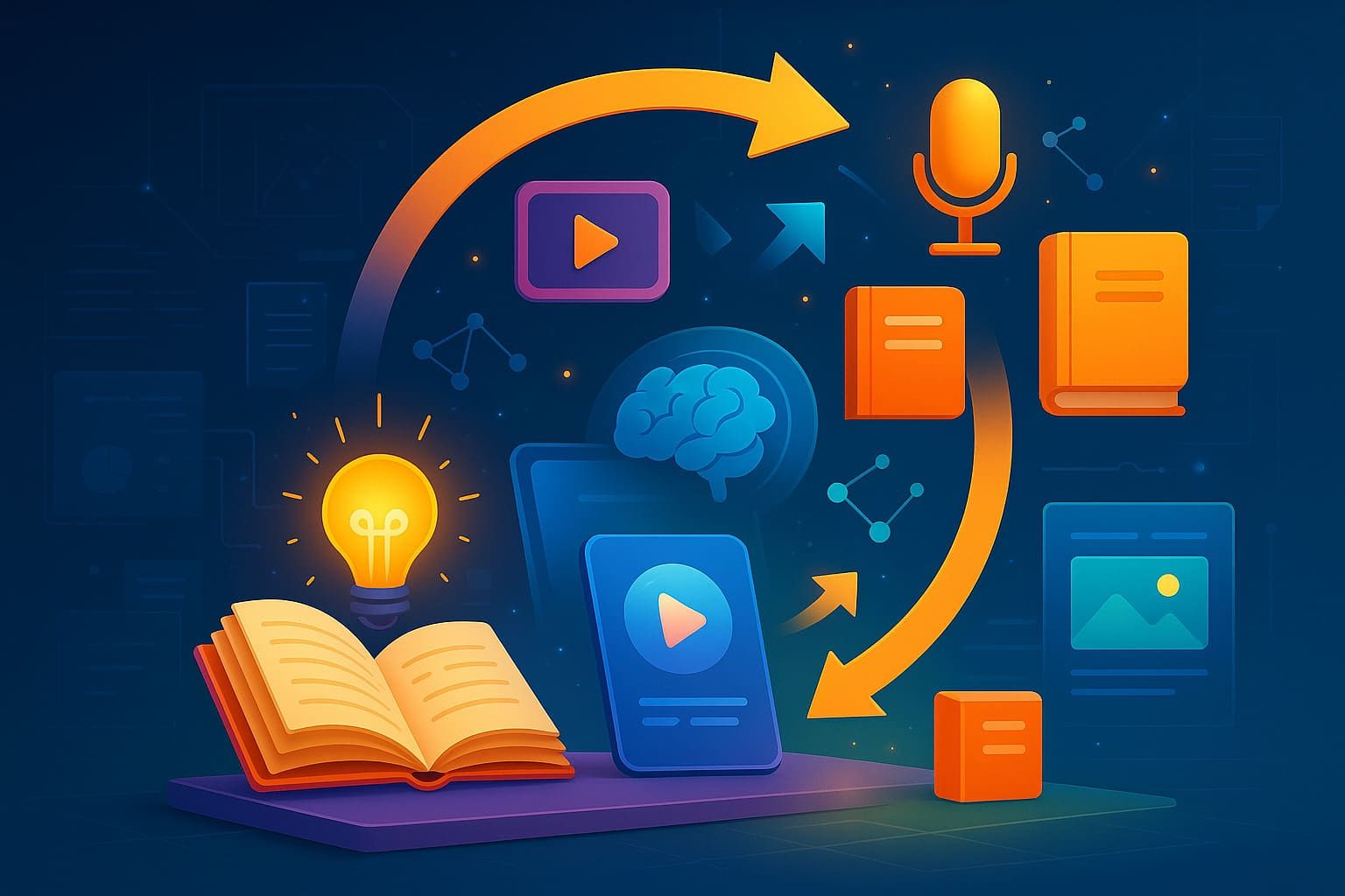 Un libro abierto con una bombilla encendida, rodeado de iconos de medios digitales, un cerebro y flechas que ilustran el flujo del contenido.