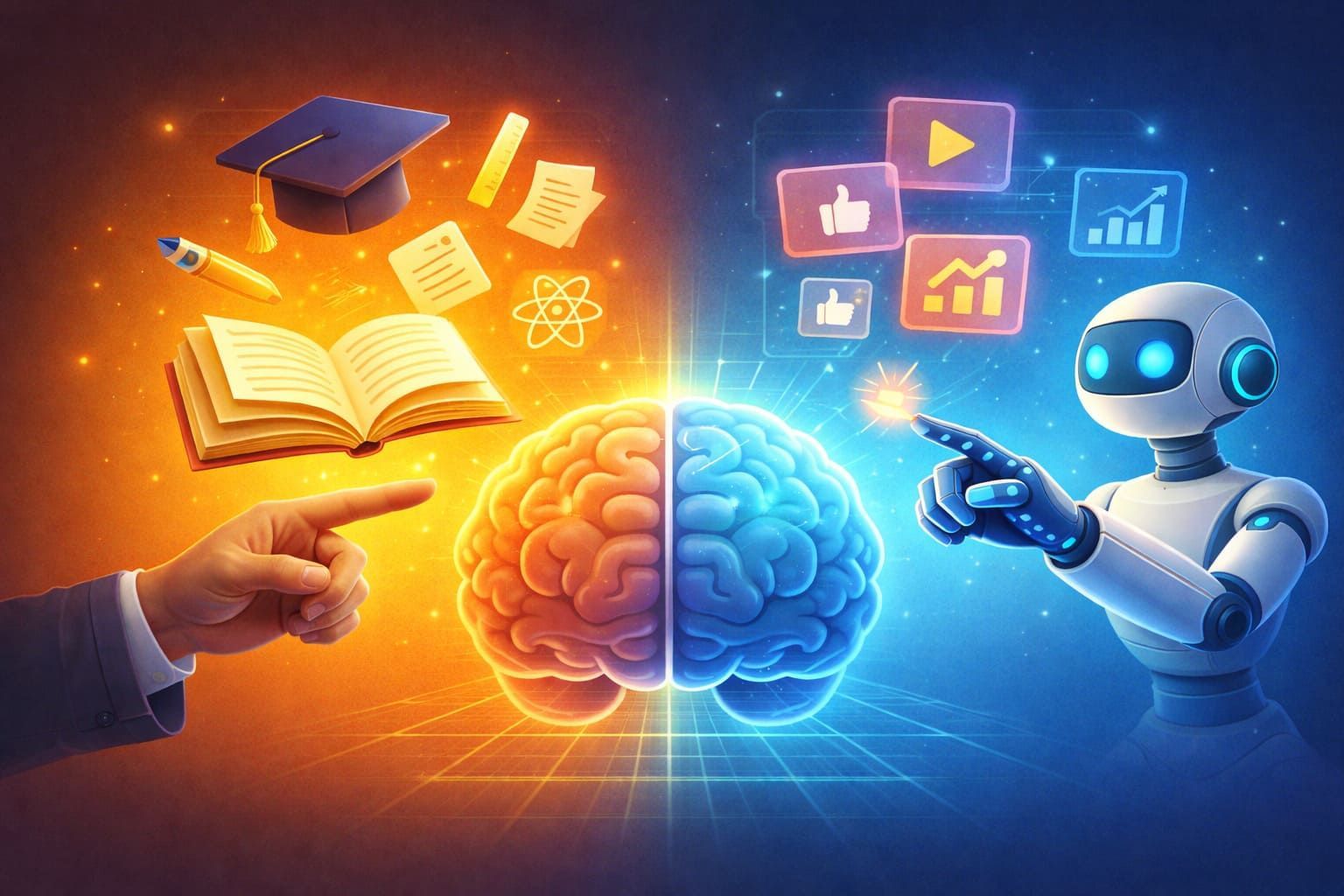 Una mano humana y un robot se miran fijamente, señalando un cerebro brillante dividido entre símbolos académicos e iconos digitales.