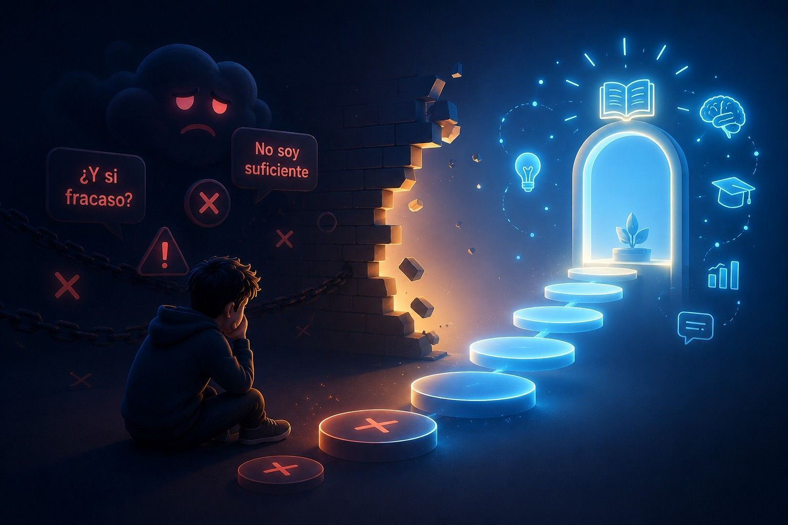 Child in a dark room faces a glowing blue door up stairs, with negative red thoughts behind and icons ahead