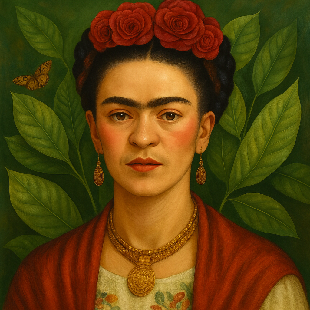 Una pintura de una mujer con rosas rojas en el cabello.