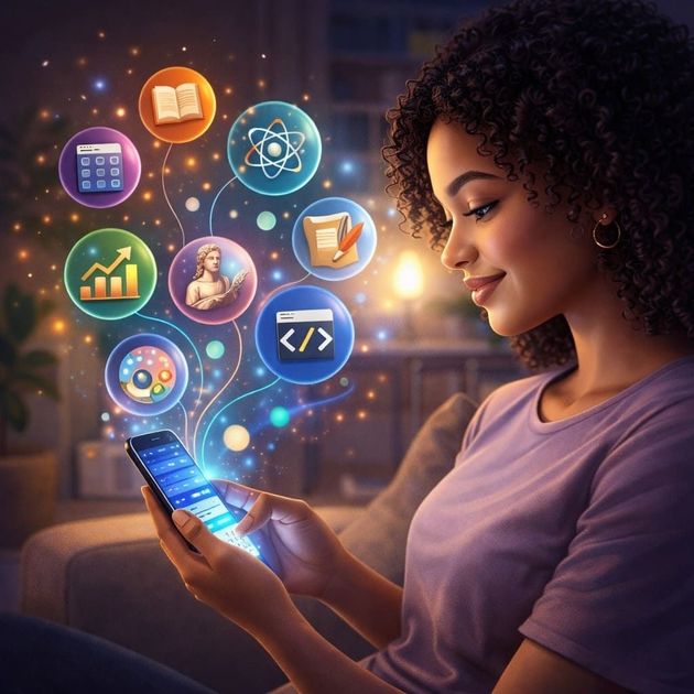 Una persona mira un teléfono inteligente mientras iconos digitales que representan temas como ciencia, arte y programación flotan sobre la pantalla.