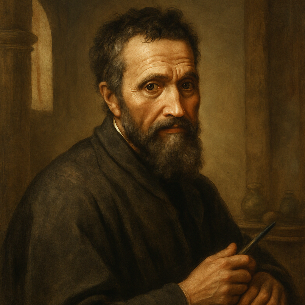Una pintura de un hombre con barba sosteniendo un pincel.