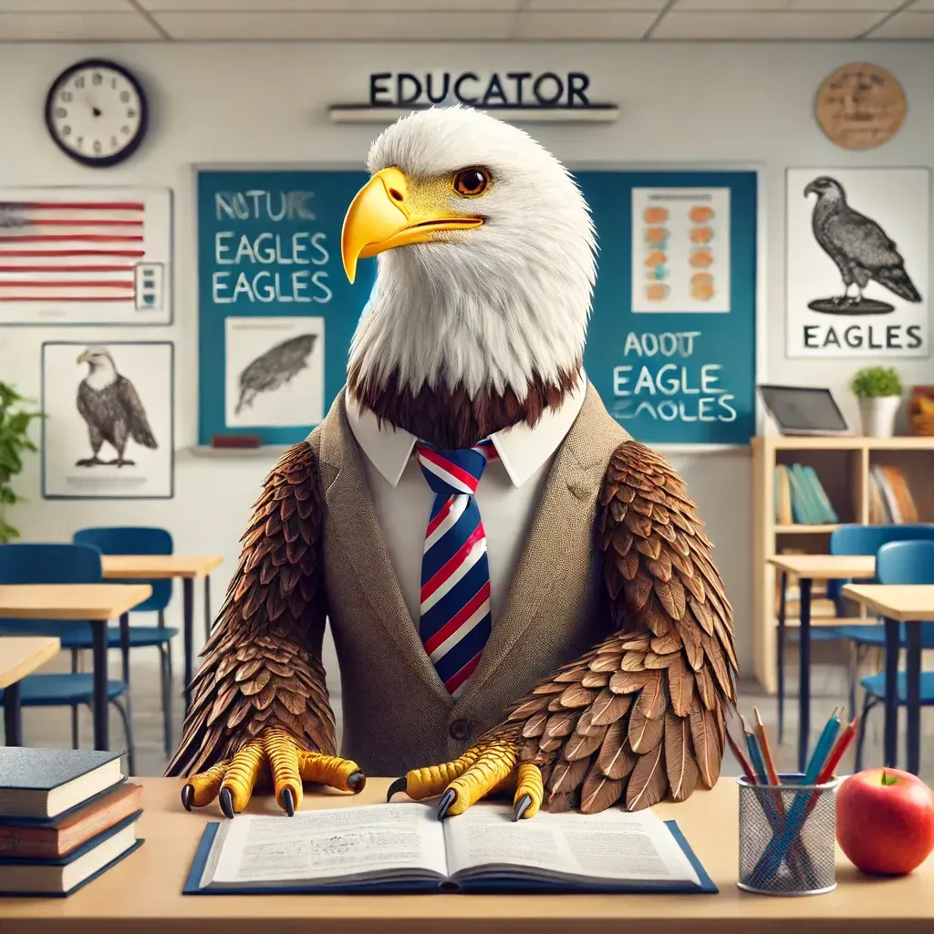 Un águila calva con traje y corbata está sentada en un escritorio en un salón de clases.