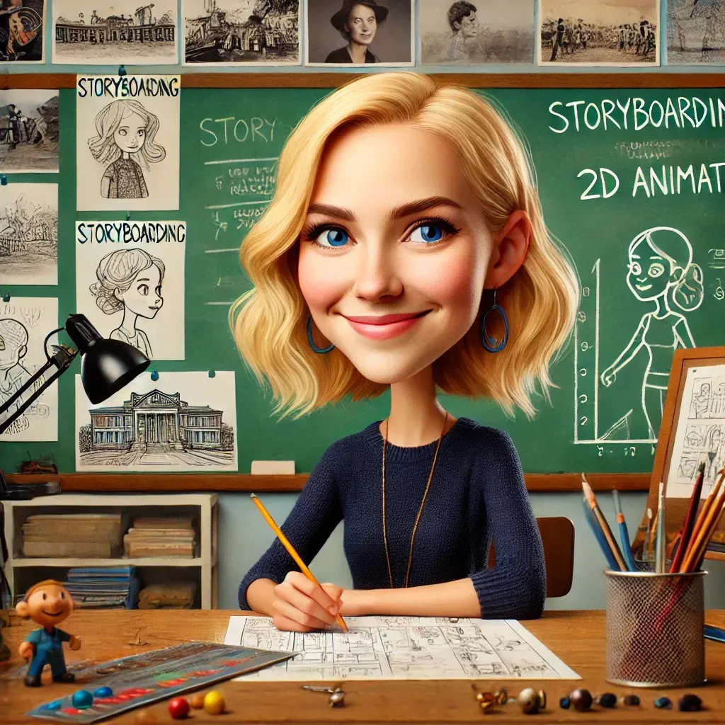 Mujer de caricatura sentada en un escritorio de storyboard, sonriendo, con cabello rubio, dibujando en papel. Pizarra con dibujos detrás.