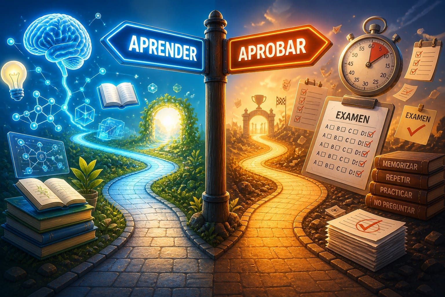 A split path from studying to passing, with glowing signs, books, papers, and a stopwatch in blue and orange.