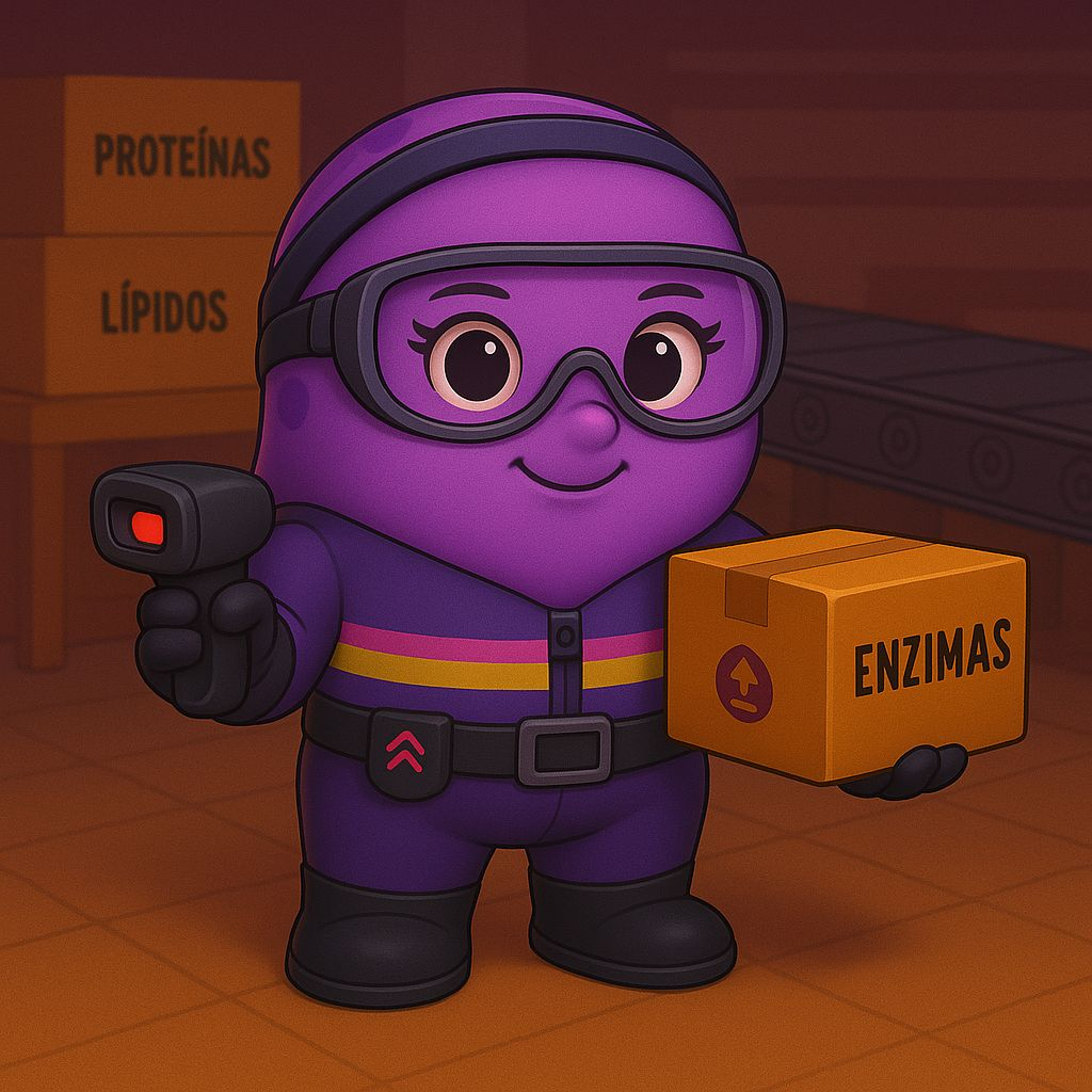 Un personaje de dibujos animados de color morado sostiene un escáner y una caja.