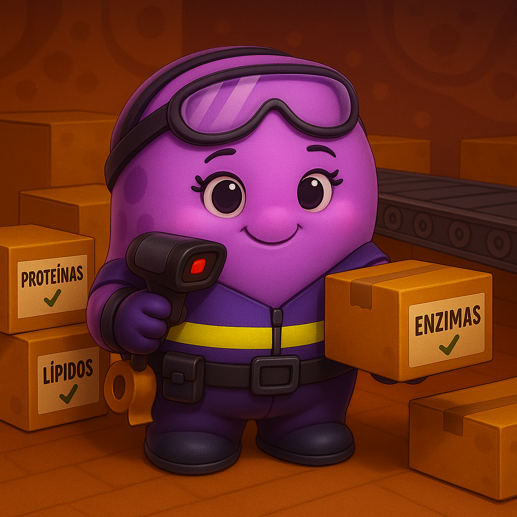 Un personaje de dibujos animados de color morado sostiene un escáner y una caja.