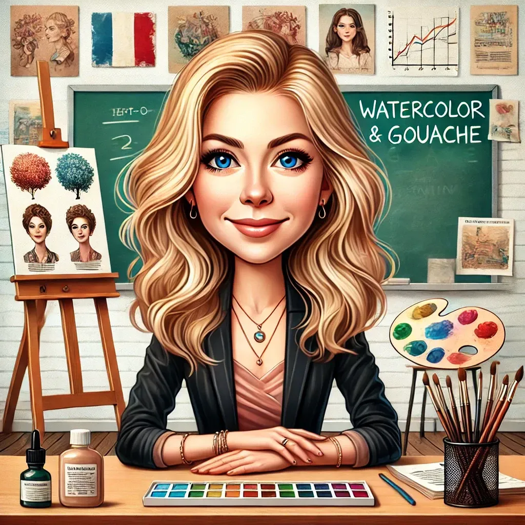Una caricatura de una mujer sentada en un escritorio en un salón de clases.