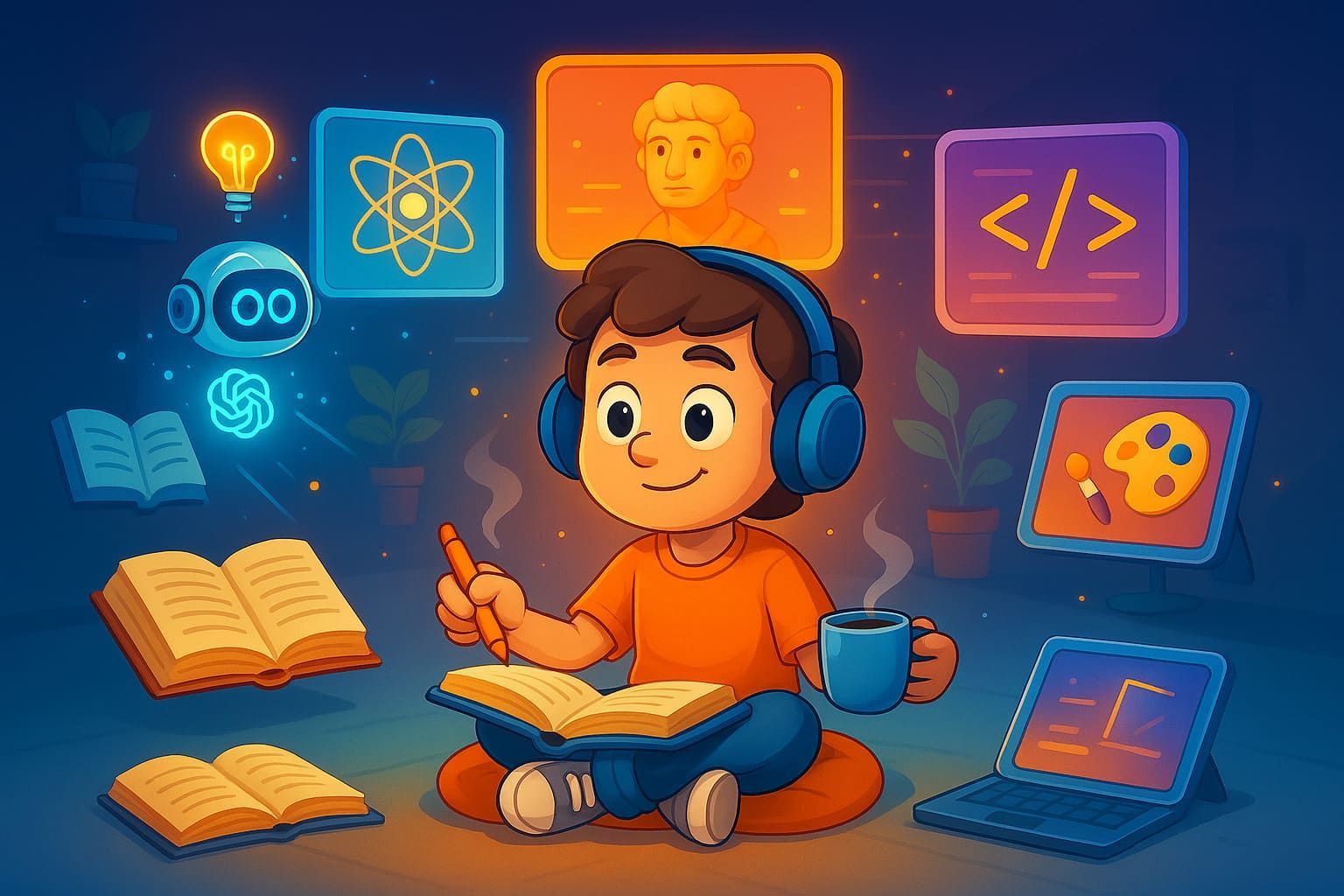 Un niño de dibujos animados con auriculares está sentado estudiando con libros, rodeado de iconos brillantes que representan ciencia, arte y programación.